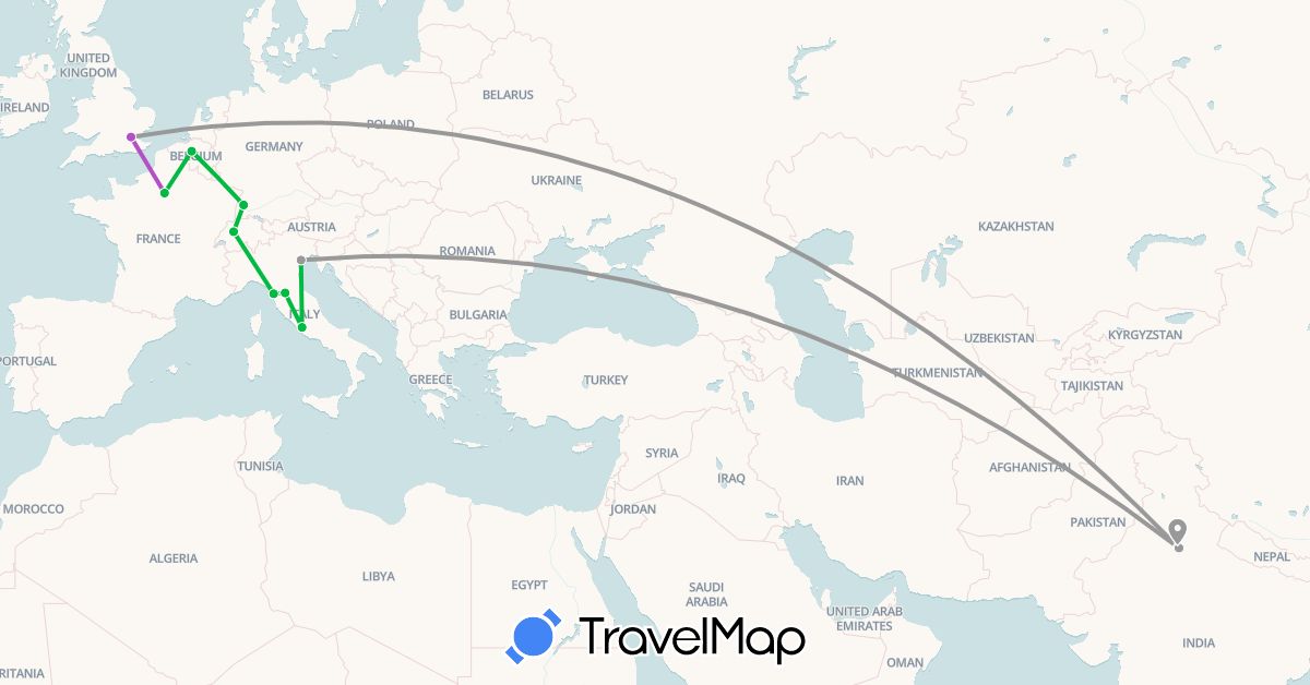 TravelMap itinerary: bus, plane, train in Belgium, Switzerland, Germany, France, United Kingdom, India, Italy (Asia, Europe)