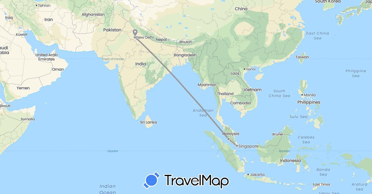 TravelMap itinerary: driving, plane in India, Malaysia, Singapore (Asia)